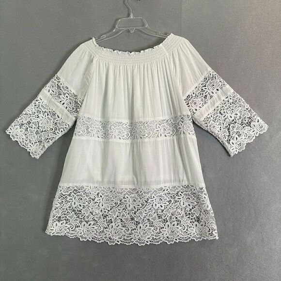Chicos Blouse Womens Sz Medium White Floral Lace 3/4 Sleeve Round Neck Pullover - Picture 2 of 16